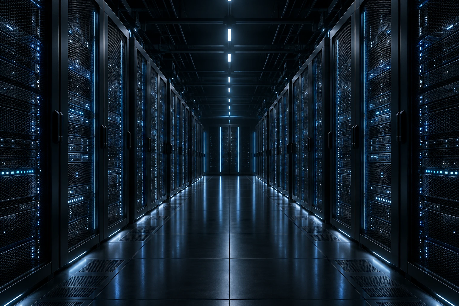 A conceptual data center corridor with dark racks and blue lighting